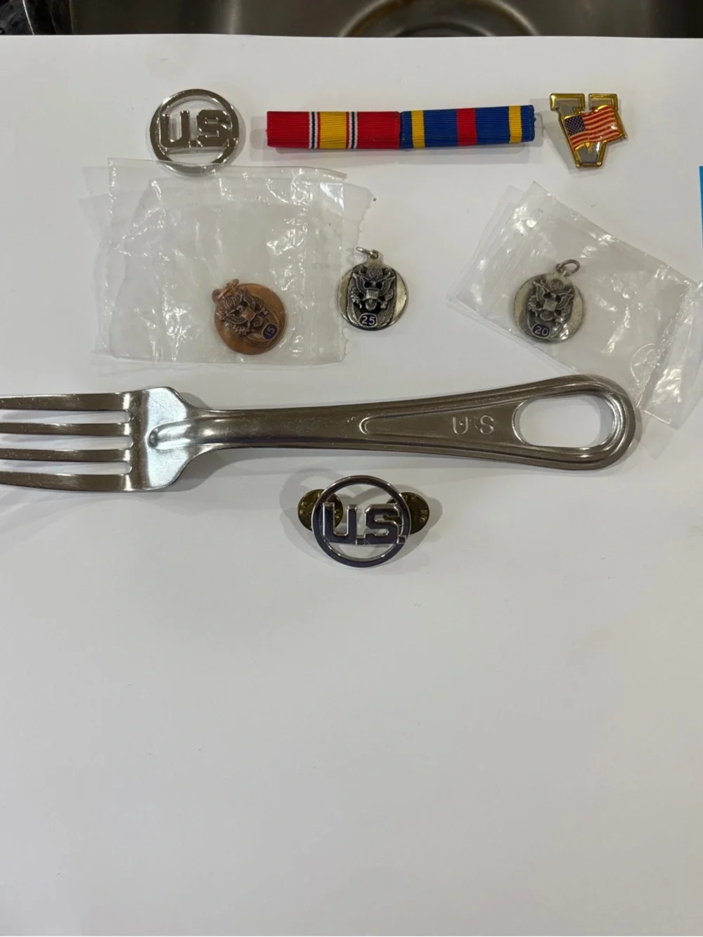U.S. Army Silver Fork and Insignia Pins with Multi-Color Ribbon